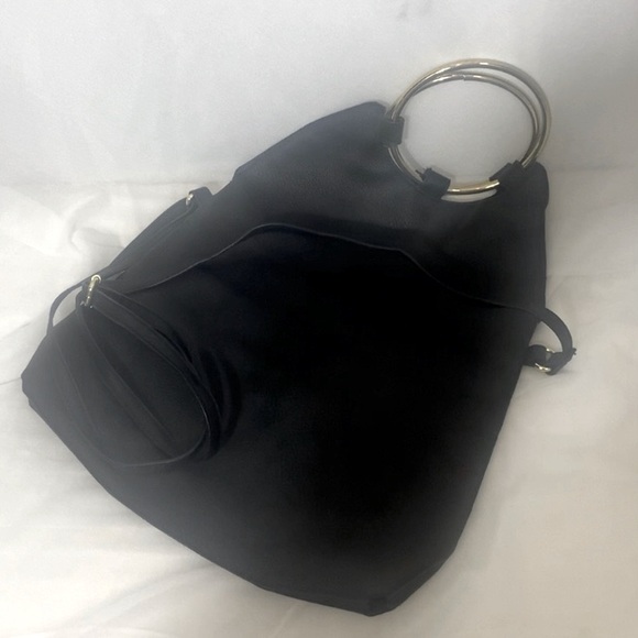 Black Leather Crossbody Purse/Bag with gold metal hoop handles - Picture 3 of 10